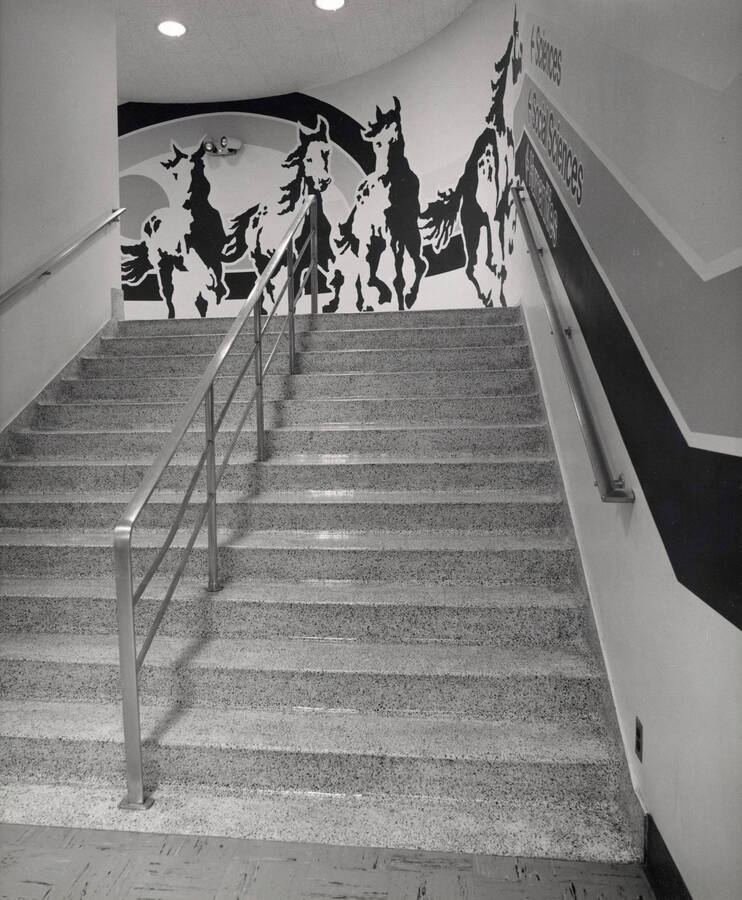 October 1, 1982 photograph of the Library. A mural of horses in a stairwell. [PG1_122-091]