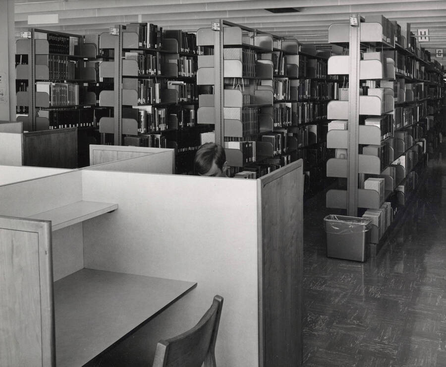 October 1, 1982 photograph of the Library. A student studies at a desk with stacks in the background. [PG1_122-092]