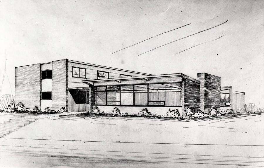 1953 illustration of the Permeal J French House. Architect's rendering. Donor: Publications Dept. [PG1_126-07]