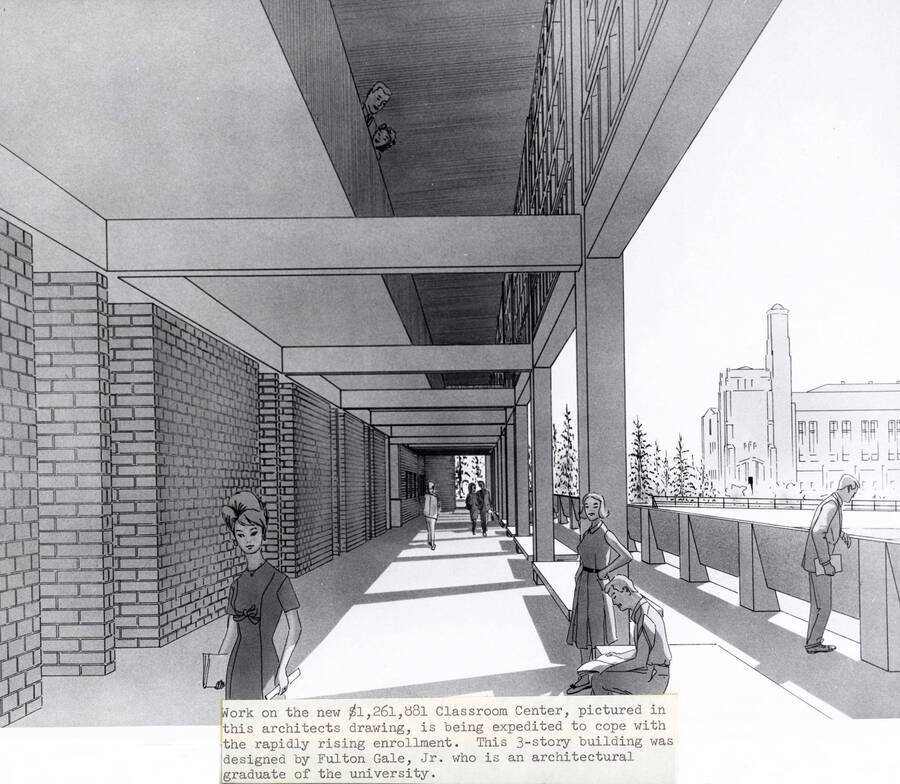 1964 illustration of the University Classroom Center. Architect's rendering. Donor: Publications Dept. [PG1_128-01]