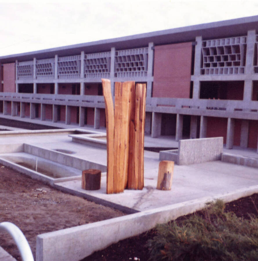 1965 photograph of the University Classroom Center. A large wood sculpture in center. Donor: Charles A. Webbert. [PG1_128-08]