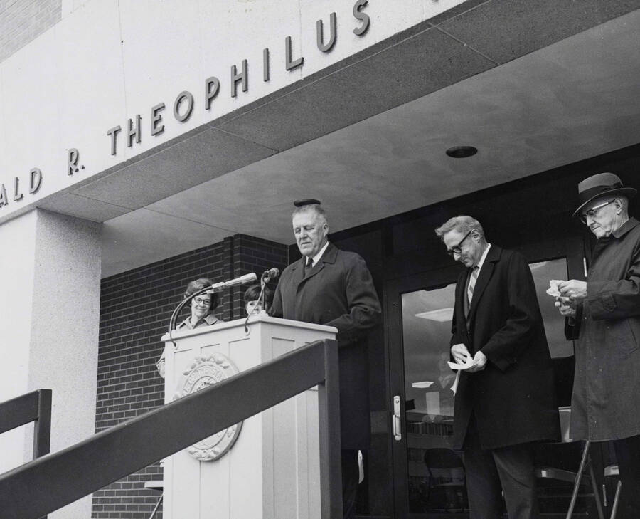 1969 photograph of the Donald R Theophilus Residence Hall dedication. Left to right: Don Samuelson, E. Hartung, D.R. Theophilus. Donor: Publications Dept. [PG1_134-01]
