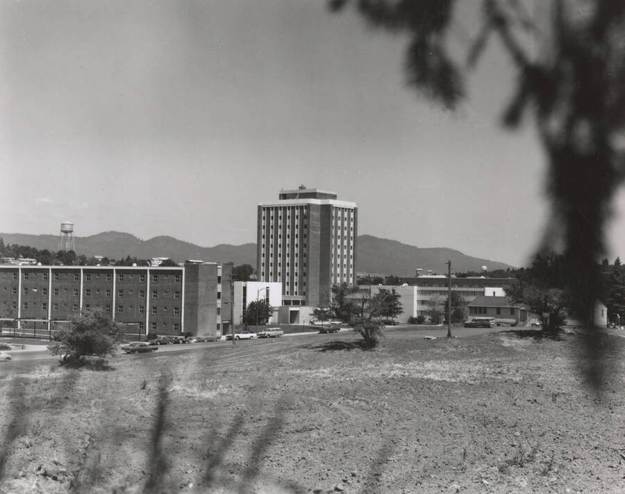 1969 photograph of the Donald R Theophilus Residence Hall. Water tower in background. [PG1_134-10]