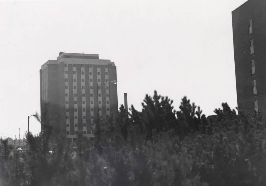 1969 photograph of the Donald R Theophilus Residence Hall. Tree in foreground. [PG1_134-13]