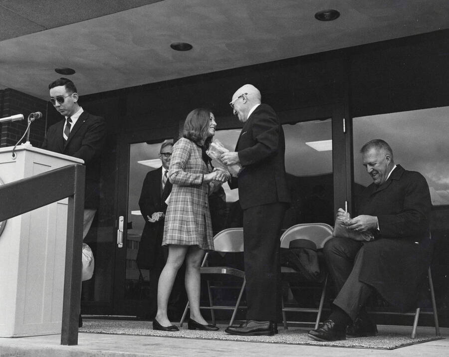 1969 photograph of the Donald R Theophilus Residence Hall dedication ceremony. Donor: Publications Dept. [PG1_134-07]