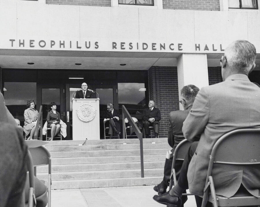 1969 photograph of the Donald R Theophilus Residence Hall dedication ceremony. Donor: Publications Dept.. [PG1_134-08]