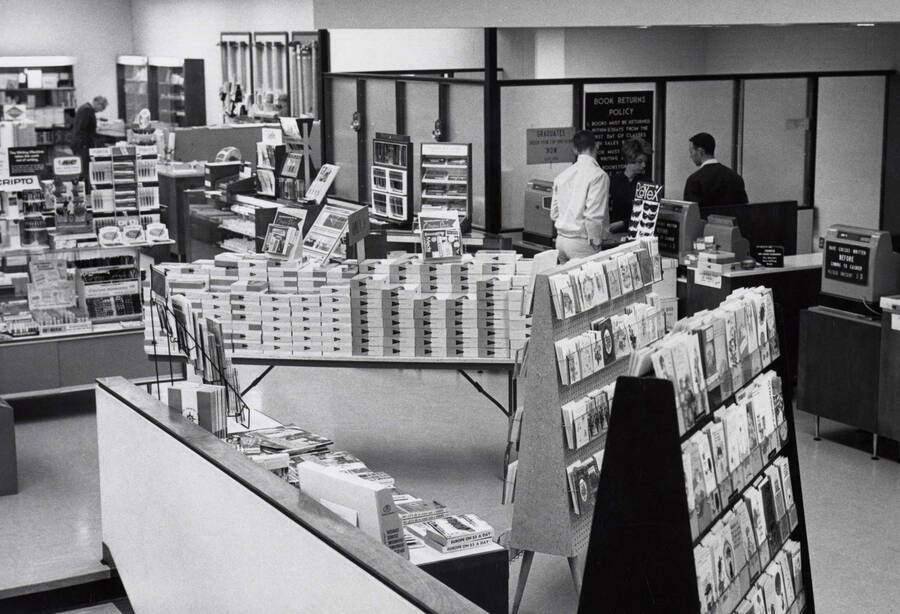 1966 photograph of the University Bookstore. Students in background. Donor: Publications Dept. [PG1_135-01]