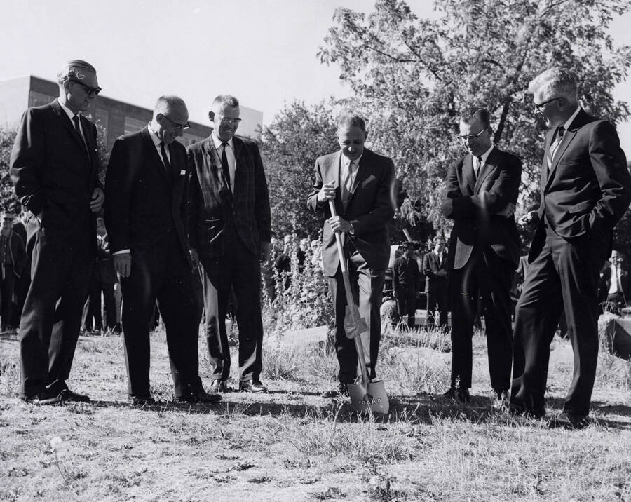 1966 photograph of the Buchanan Engineering Laboratory groundbreaking ceremony. Left to right: A.S. Janssen, K.A. Dick, R.E. Dolph, E.W. Hartung, G. Gagon, A. Dropping. Donor: Publications Dept. [PG1_137-02]