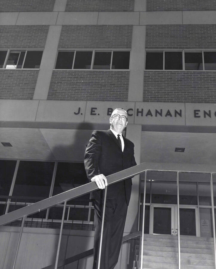 1969 photograph of the Buchanan Engineering Laboratory dedication. J.E. Buchanan in foreground. [PG1_137-05]