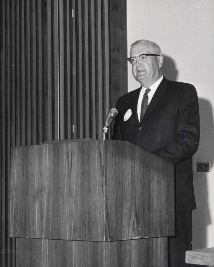 1969 photograph of the Buchanan Engineering Laboratory dedication ceremony. J.E. Buchanan at lectern. [PG1_137-06]