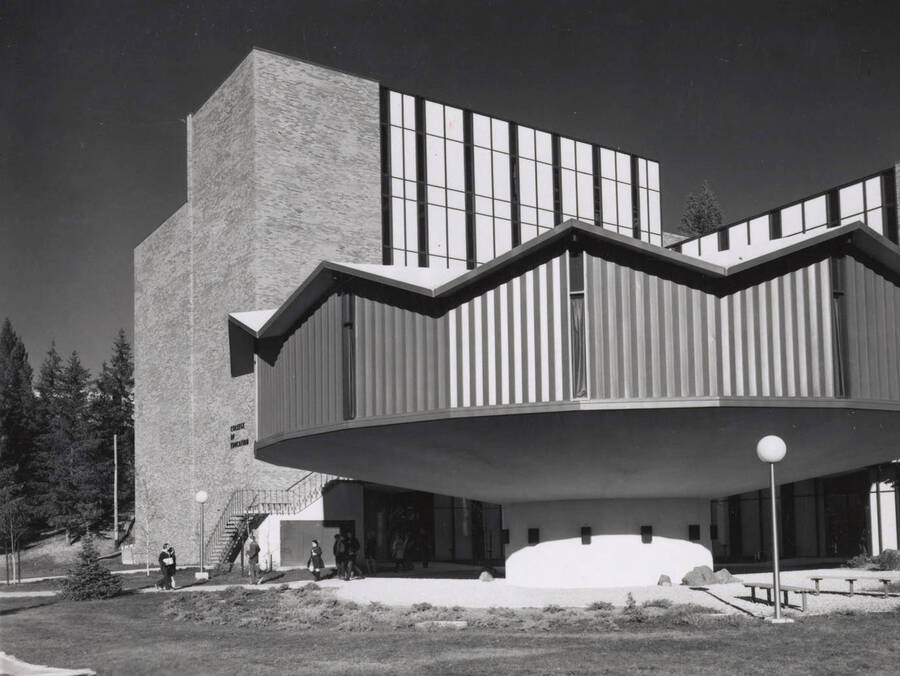 1970 photograph of the Education Building. Students can be seen to the left. [PG1_139-01a]