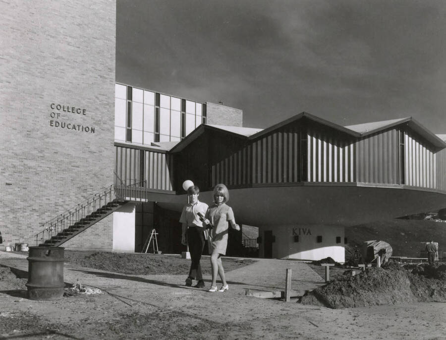 1970 photograph of the Education Building. Students in foreground. [PG1_139-01b]