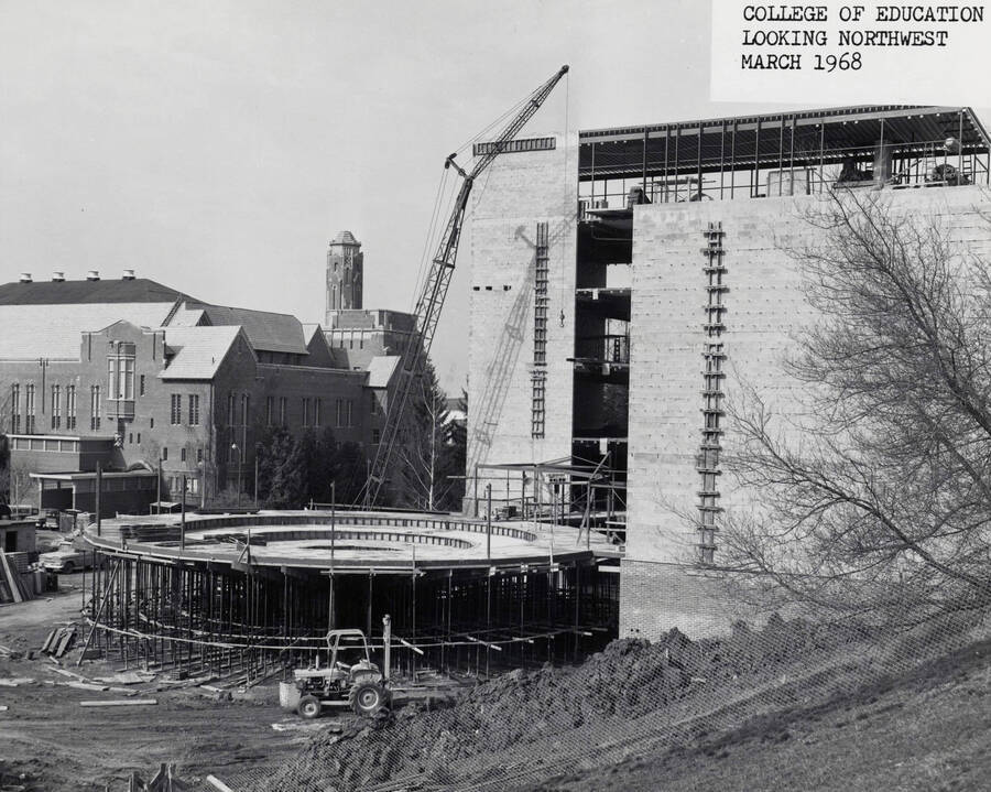 March 15, 1968 photograph of the Education Building under construction. Memorial Gym in background. [PG1_139-10]