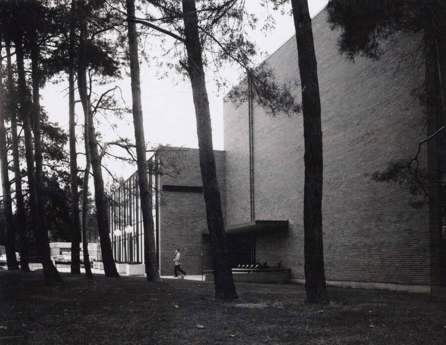1970 photograph of the Education Building. Trees in foreground. Donor: Publications Dept. [PG1_139-03]