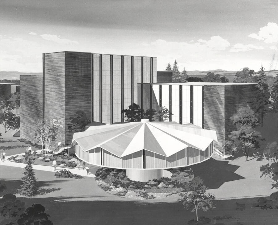 1967 illustration of the Education Building. Architect's rendering. Donor: Publications Dept. [PG1_139-07]