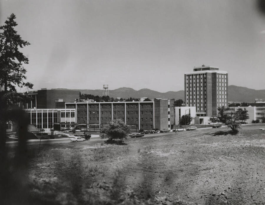 1970 photograph of the Wallace Residence Center. Theophilus Tower in background. [PG1_141-17]