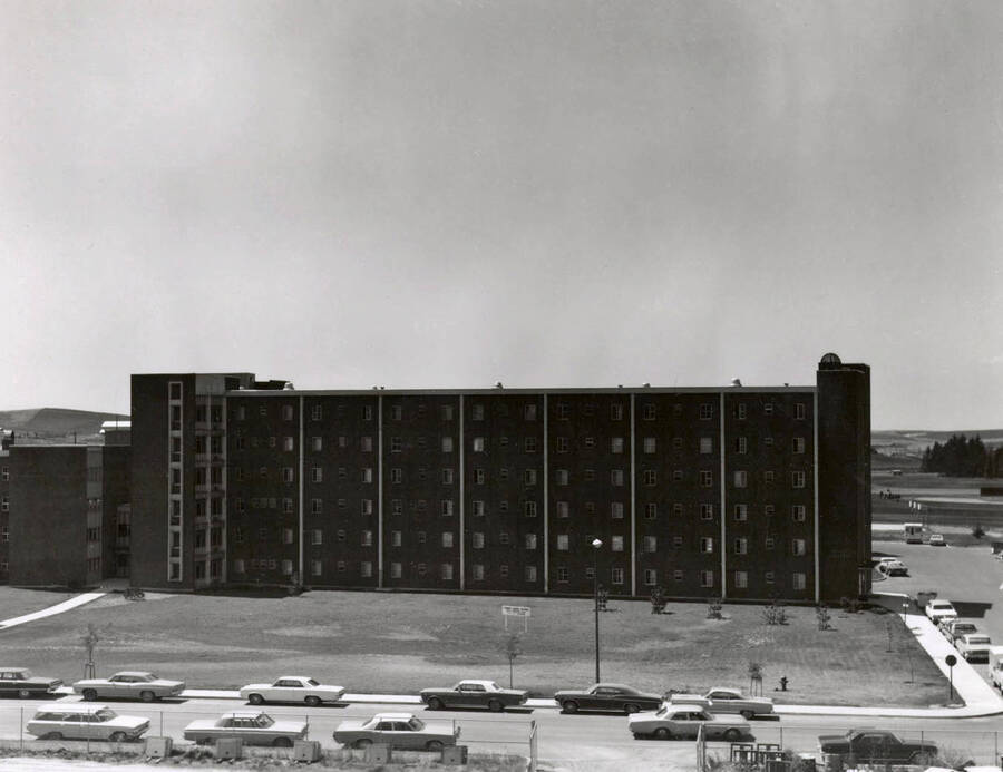 1970 photograph of the Wallace Residence Center. Automobiles in foreground. [PG1_141-18]