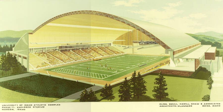 1971 illustration of the Kibbie-ASUI Activity Center. Architect's rendering. Donor: Athletic Dept. [PG1_147-24]