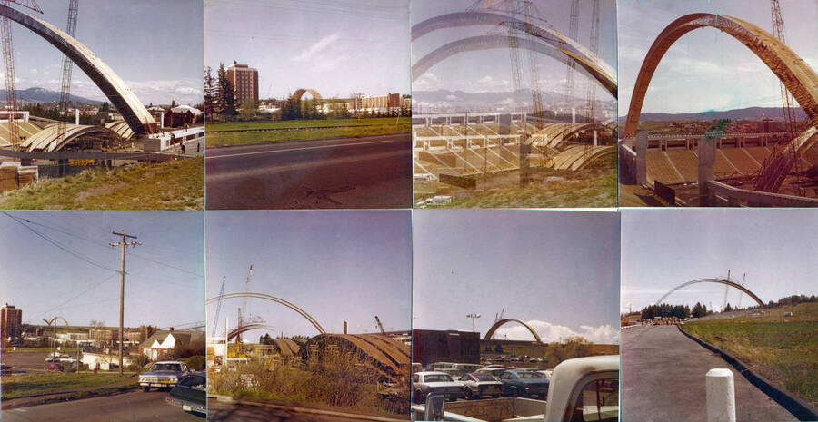 1975 photograph of the Kibbie ASUI Activity Center under construction. Eight photos taken as the dome was being built. [PG1_147-25]