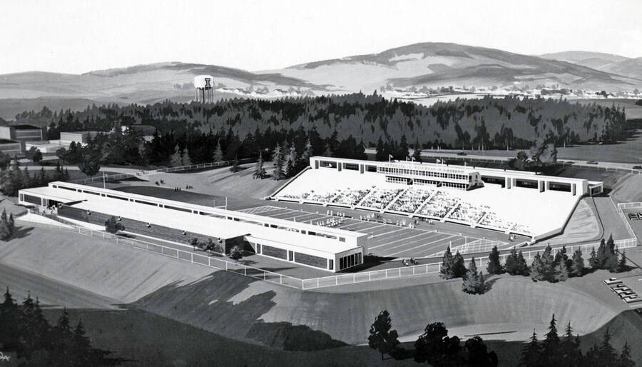 Kibbie-ASUI Activity Center, University of Idaho. Architect's drawing of football field before dome. [147-3]