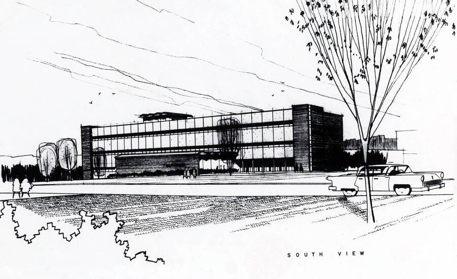 1961 illustration of Renfrew Hall (Physical Science Building). Architect's rendering. Donor: Publications Dept. [PG1_148-01]