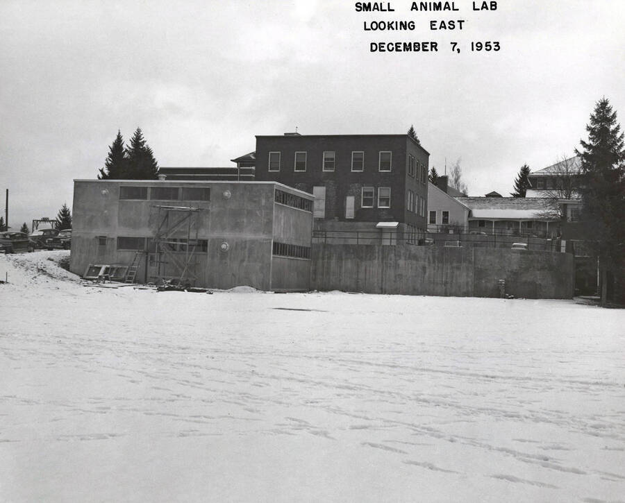 December 7, 1953 photograph of the Small Animal Research Laboratory under construction. Snow covers the scene. Donor: Publications Dept. [PG1_156-03]