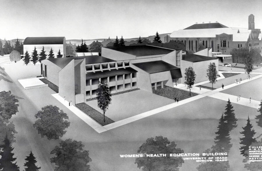 1969 illustration of the Physical Education Building. Architect's rendering. Donor: Photo Center. [PG1_157-04]