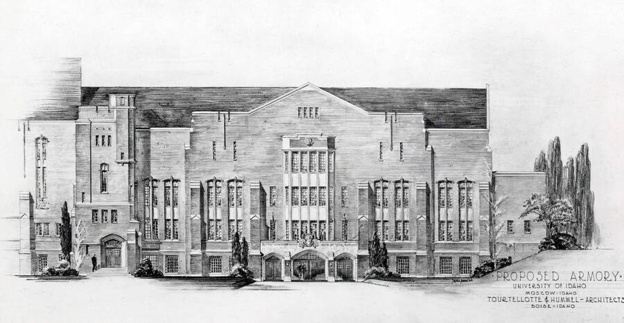 1950 illustration of the proposed Armory. Architect's rendering. Donor: Publications Dept. [PG1_159-01]