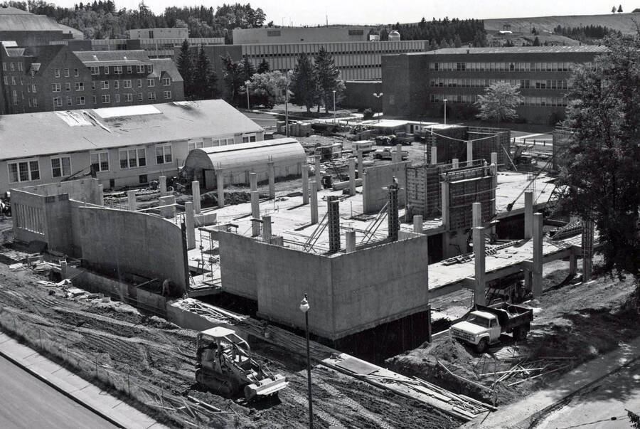1970 photograph of the Forestry Building under construction. Agricultural Science building, Renfrew Hall and Phinney Hall in background. Donor: Publications Dept. [PG1_161-03]