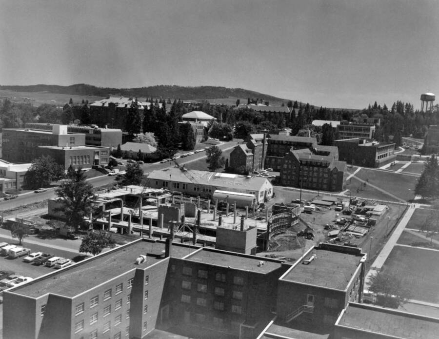 1970 photograph of the Forestry Building under construction. Finney Hall and University Classroom Center in background. [PG1_161-06]