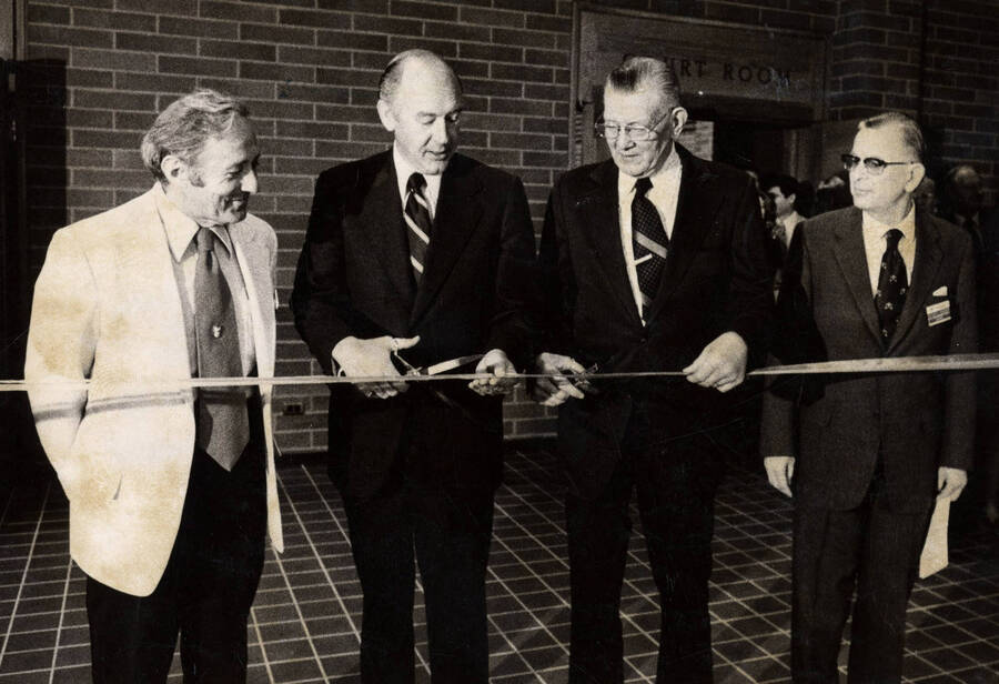 1974 photograph of the Menard Law Building dedication ceremony. Left to right: President Ernest W. Hartung, Governor Cecil D. Andrus, State Representative Emery Hedlund, Chairman of Idaho Permanent Building Fund and law school dean Albert M. Menard, Jr. [PG1_162-20]
