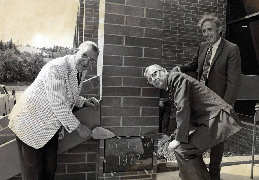 June 21, 1973 photograph of the Menard Law Building. A.R. Menard and E.W. Hartung lay down the cornerstone. [PG1_162-07]