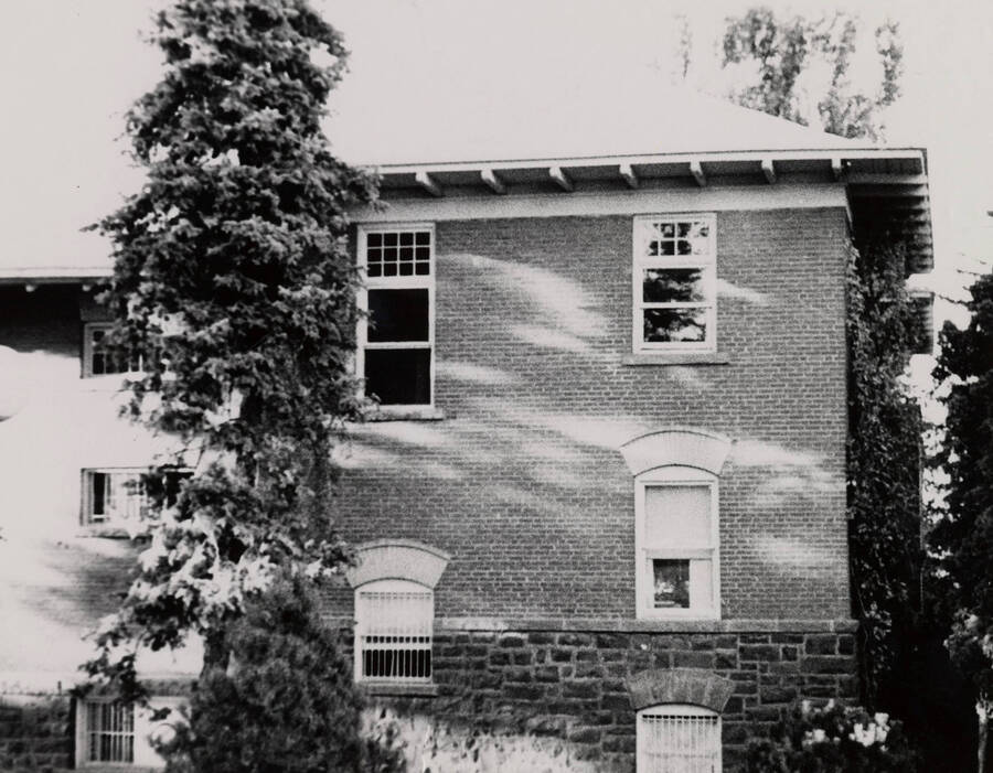 1975 photograph of Art and Architecture South. View of eastern section, southern elevation with a tree in foreground. Donor: Karl Roenke. [PG1_167-03]