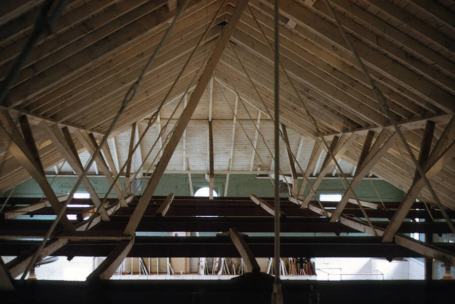 1975 photograph of Art and Architecture South during renovation. Roof system looking west from above first floor. Donor: Karl Roenke and Robert Weaver, 1976. [PG1_167-033]