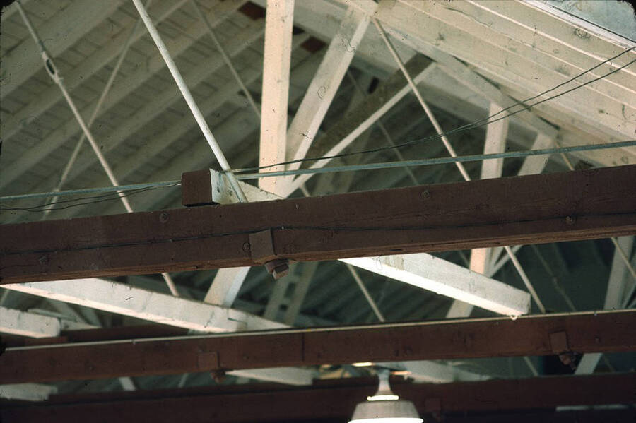 1975 photograph of Art and Architecture South during renovation. Roof and beams. Donor: Karl Roenke and Robert Weaver, 1976. [PG1_167-036]