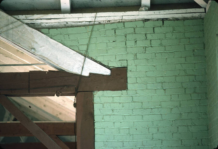 1975 photograph of Art and Architecture South during renovation. Detail of beam. Donor: Karl Roenke and Robert Weaver, 1976. [PG1_167-040]