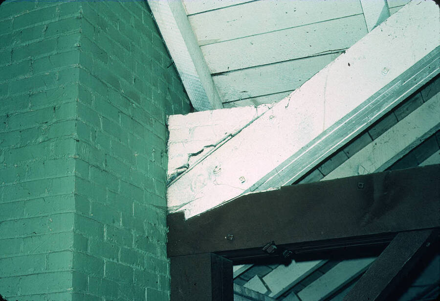 1975 photograph of Art and Architecture South during renovation. Detail of beam. Donor: Karl Roenke and Robert Weaver, 1976. [PG1_167-041]