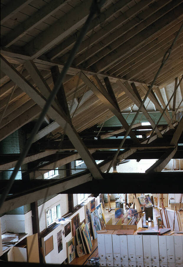 1975 photograph of Art and Architecture South during renovation. Detail of roof structure. Donor: Karl Roenke and Robert Weaver, 1976. [PG1_167-047]