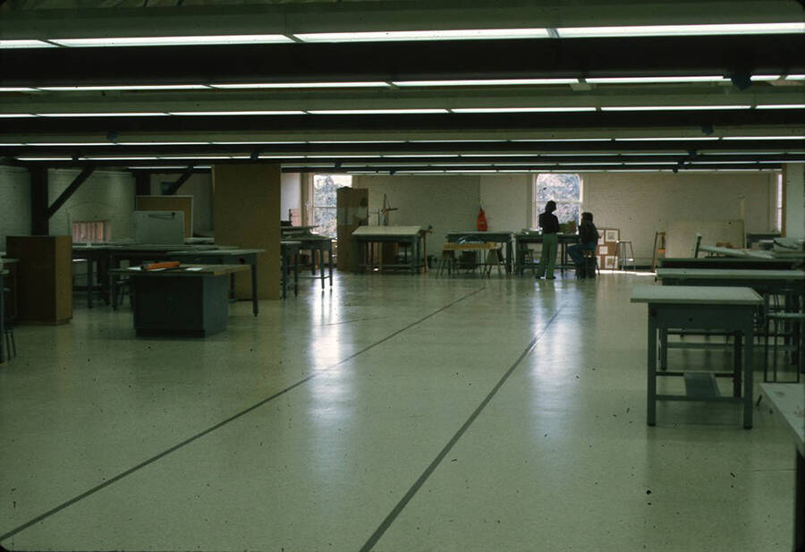1975 photograph of Art and Architecture South during renovation. Remodeled second floor with students in background. Donor: Karl Roenke and Robert Weaver, 1976. [PG1_167-051]