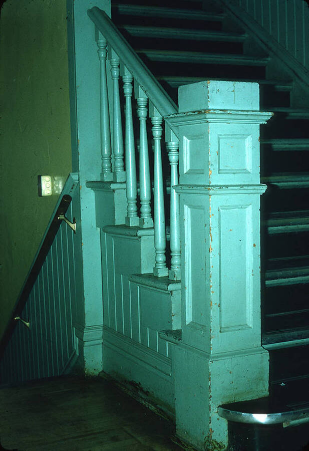 1975 photograph of Art and Architecture South during renovation. Detail of stair banister. Donor: Karl Roenke and Robert Weaver, 1976. [PG1_167-060]