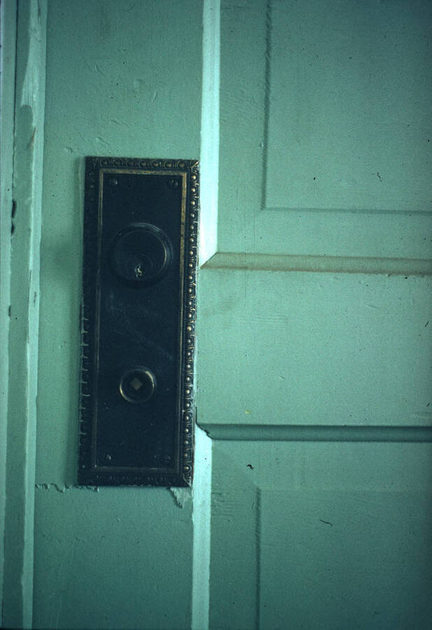1975 photograph of Art and Architecture South during renovation. Detail of doorknob. Donor: Karl Roenke and Robert Weaver, 1976. [PG1_167-063]