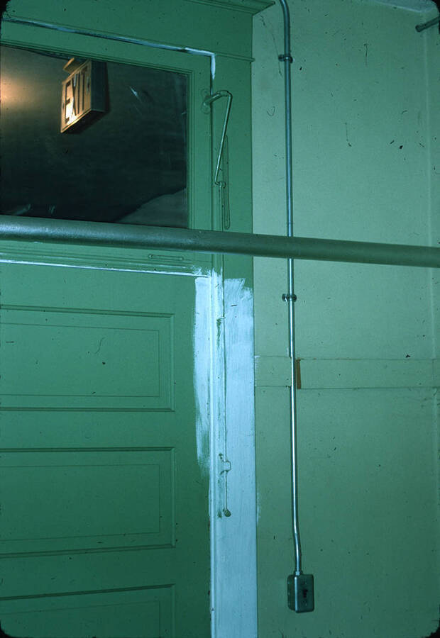 1975 photograph of Art and Architecture South during renovation. Detail of door and window. Donor: Karl Roenke and Robert Weaver, 1976. [PG1_167-074]