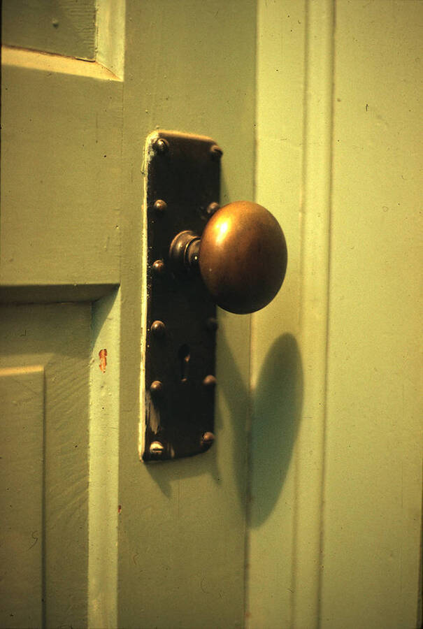 1975 photograph of Art and Architecture South during renovation. Detail of doorknob. Donor: Karl Roenke and Robert Weaver, 1976. [PG1_167-078]