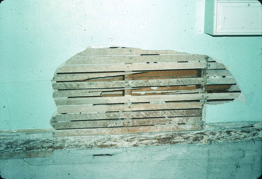 1975 photograph of Art and Architecture South during renovation. Detail of plaster lathing in basement. Donor: Karl Roenke and Robert Weaver, 1976. [PG1_167-091]
