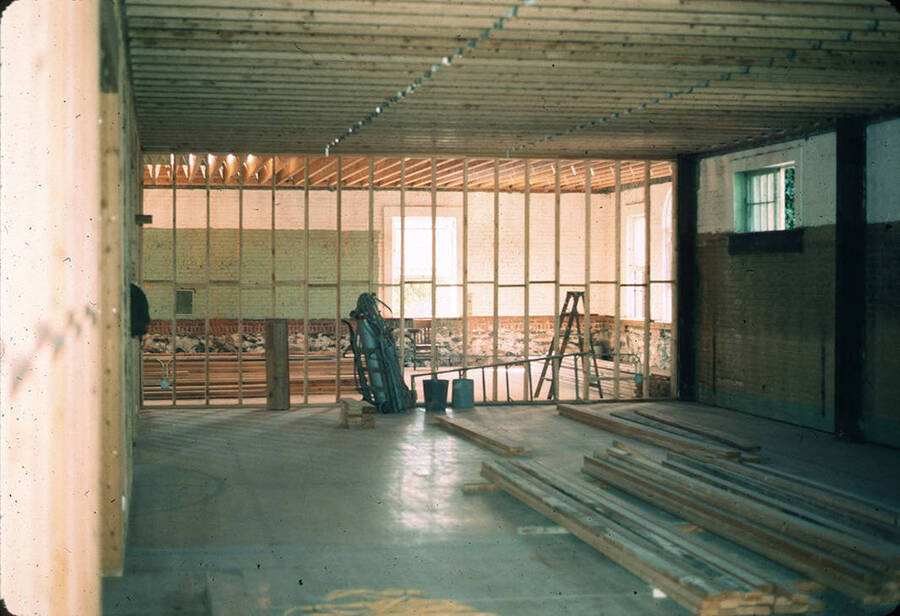 1975 photograph of Art and Architecture South during renovation. Renovation on first floor. Donor: Karl Roenke and Robert Weaver, 1976. [PG1_167-093]