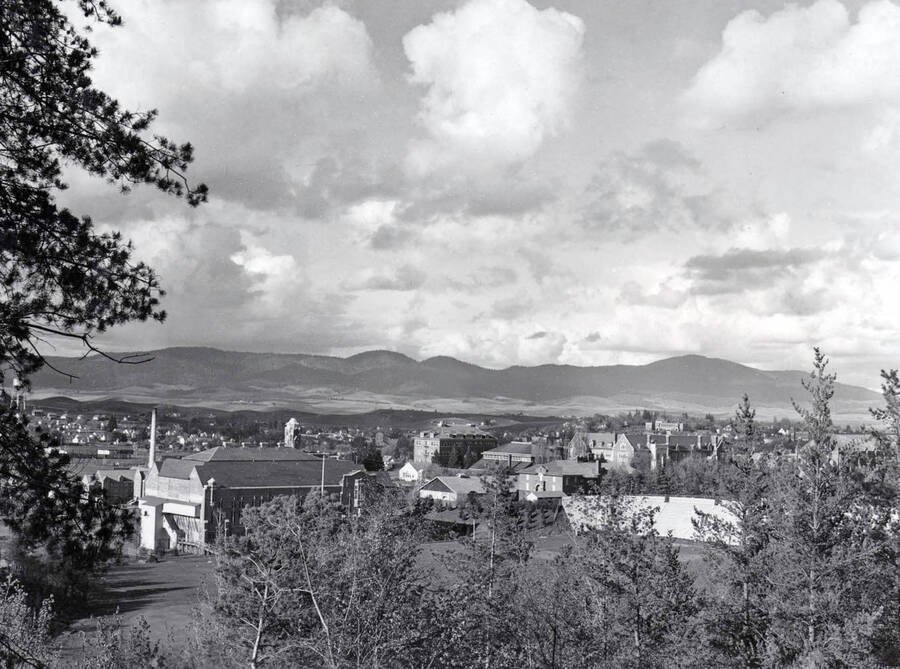 1950 panoramic photograph of University of Idaho campus. View of the southwest corner of Memorial Gym. [PG1_002-15]