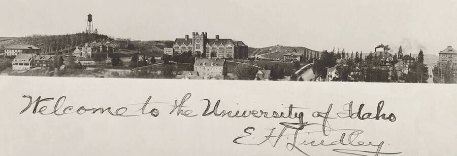 1917 panoramic photograph of University of Idaho campus. Inscribed: 'Welcome to the University of Idaho. E.H. Lindley'. [PG1_002-02]