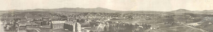 1916 panoramic photograph of University of Idaho campus. View of Moscow Mountain in the background. [PG1_002-22]