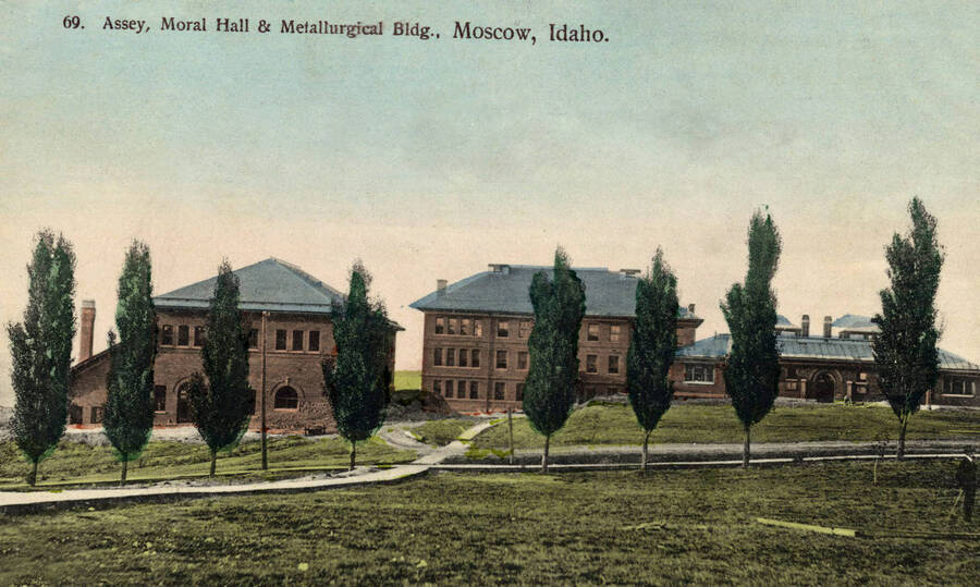 University of Idaho campuses, panoramic view. 'Assey, Moral [I.e. Morrill] Hall & metallurgical Bldg.' [2-27]