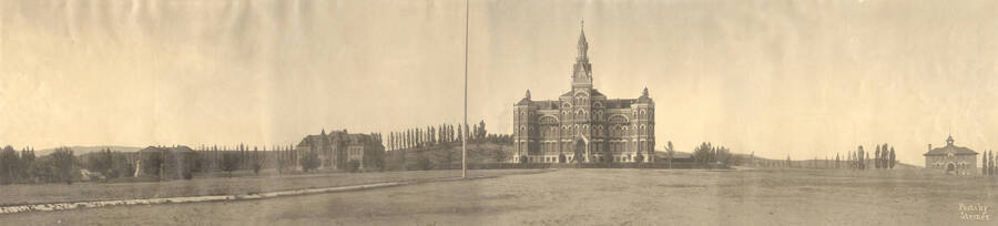 1900 panoramic photograph of University of Idaho campus. View of the Old Administration building. [PG1_002-28]